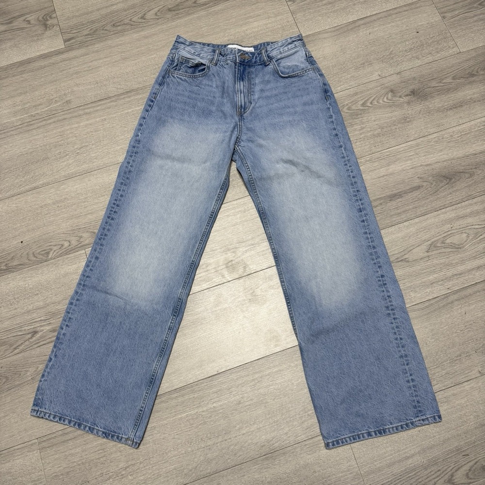 Bershka Wide Leg Jeans Womens USA 8 Light‎ Blue High Rise 100% Cotton Denim